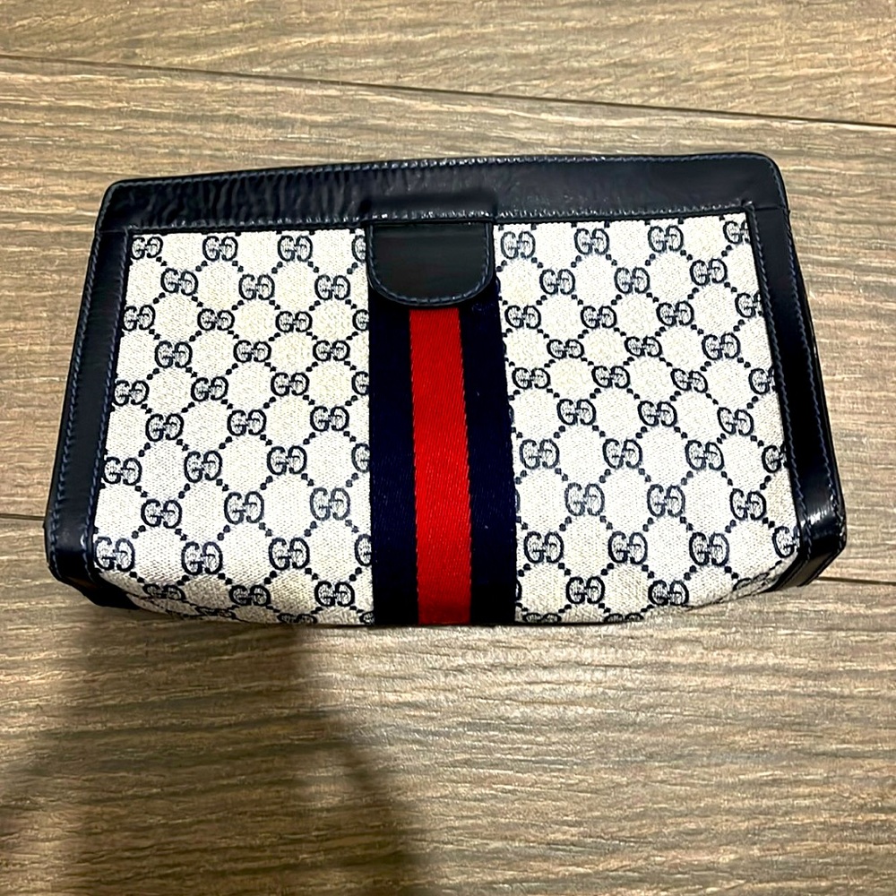 Gucci toiletry bag, blue-gray monogram with Velcro closure